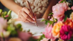 Bride signing marriage contract.